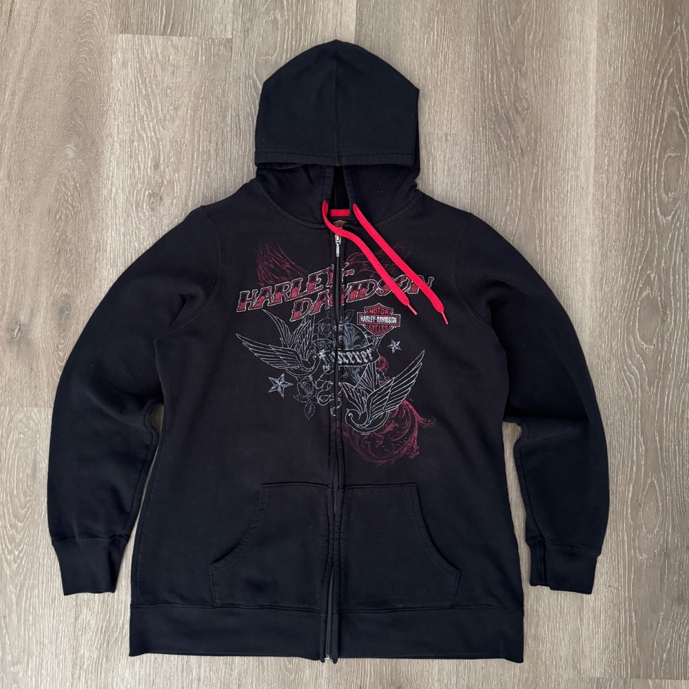 Harley-Davidson Hoodie Women XL Black Zip Up Graphic Rhinestone 2013 5F23